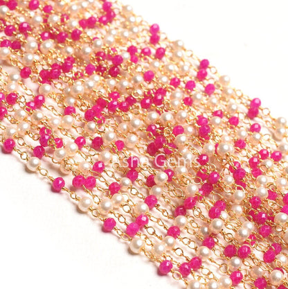 White Pearl Pink Chalcedony Hydro Beads Rosary Chain, Faceted Rondelle Beads 1,10,25 Feet Gold Plated Wire Roll Jewelry Making Finding Chain
