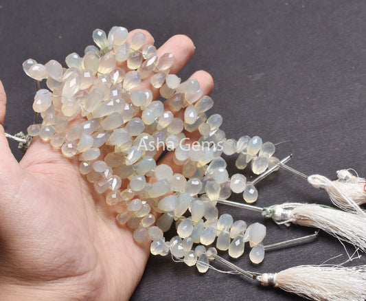 Aqua Blue Chalcedony Faceted Indian Hand Cut Drop Beads, Chalcedony Beads, Aqua Chalcedony Teardrop Side Drill Gemstone Handmade Beads SALE
