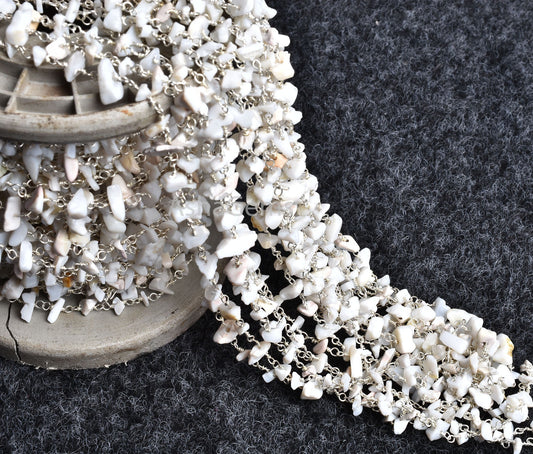 Natural White Opal Uncut Chip Beads Rosary Chain Silver Plated Wire Bulk roll Beaded Chain Gemstone Opal Smooth Nugget Chain Jewelry Crafts