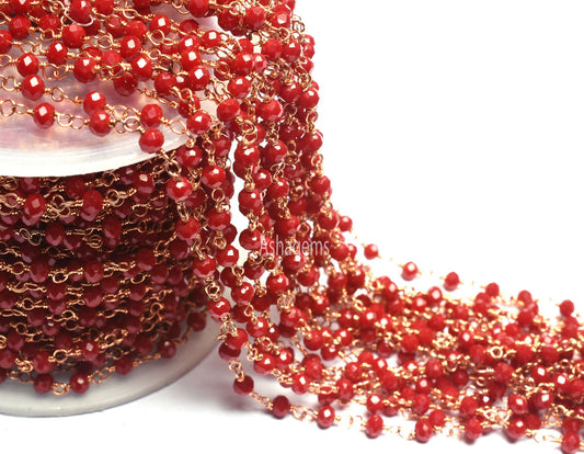 1,3,5,10,25 Feet Red onyx Hydro Faceted Rondelle Beaded Rosary Chain Rose Gold Plated, Finding,Wire Wrapped Chain Jewelry Making DIY Chain