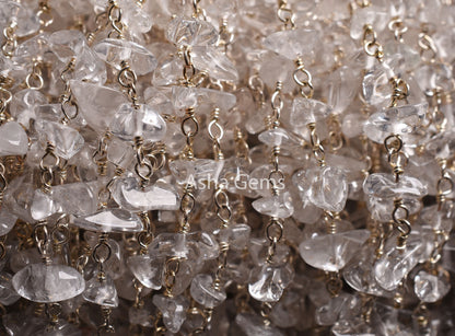 3,5,10,25,Ft Natural Crystal Uncut Chip Beads Rosary Chain Gemstone Bead Chain,Clear Crystal Smooth Nugget Beaded Chain,Silver Plated Wire