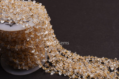 Beautiful Crystal Quartz Smooth Uncut Rosary Chain, Gold Plated Wire Wrap Gemstone Beaded handmade Chain Jewelry Making Necklace Craft SALE.