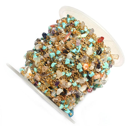 1,3,5,10 Feet Chain Natural Gemstone Multi Color Beads Rosary Chain Gold Plating Wire Disco Uncut Chip Beaded Rosary Chains Finding Jewelry
