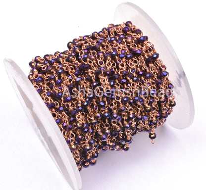 Beautiful Purple Mystic Pyrite Hydro Faceted Rondelle Beads Rosary Chain Rose Gold Plated Copper Wire Wrap handmade Chain Jewelry Making,3mm