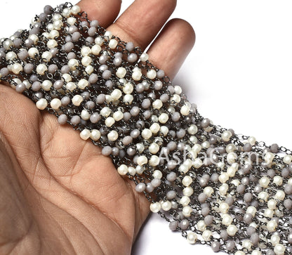 Fine White Pearl, Grey moonstone Hydro Beads Rosary Chain, Multi Color Rondelle Beaded Chain Black Plated Wire Wrap Gunmetal Chains Jewelry