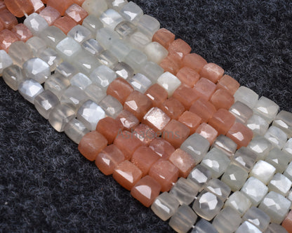 Beautiful AAA moonstone faceted Cube Box Beads, Natural Multi Moonstone Box Gemstone beads,8" Strand White Pink Shaded Moonstone cube Beads