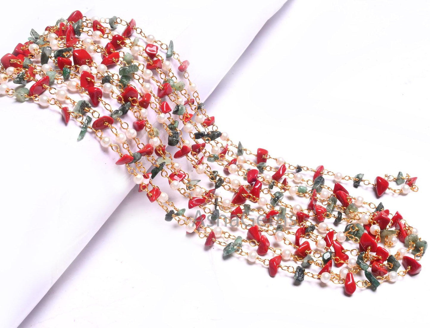 Beautiful Pearl Hydro, Red Stone, Emerald Uncut Chip Beads Rosary Chain, Gold, Silver Plated Multi Color Beaded Chains Jewelry Making Crafts