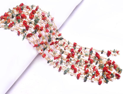 Beautiful Pearl Hydro, Red Stone, Emerald Uncut Chip Beads Rosary Chain, Gold, Silver Plated Multi Color Beaded Chains Jewelry Making Crafts