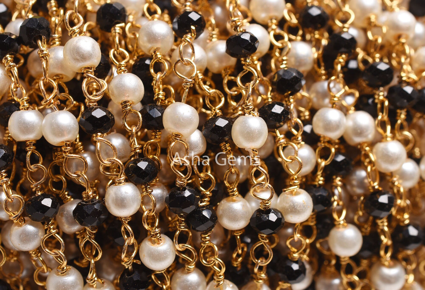 Beautiful Pearl Black Onyx Hydro Micro Cut Beads Rosary Chain, Gold Plated Wire wrap Bulk Rosary Chain By Foot Necklace Jewelry Making Chain
