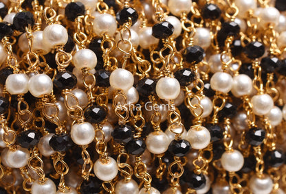Beautiful Pearl Black Onyx Hydro Micro Cut Beads Rosary Chain, Gold Plated Wire wrap Bulk Rosary Chain By Foot Necklace Jewelry Making Chain