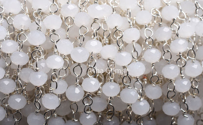 4mm White Moonstone Hydro Micro Cut Beads Rosary Chain Silver Plated Wire Wrap Beaded White Crystal handmade Chain Rosary Jewelry Craft SALE