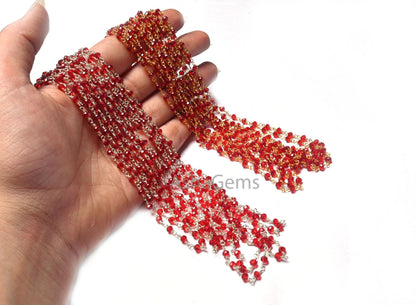 Fine Red Garnet Hydro Faceted Micro Cut Rondelle Beads Rosary Chain,3-3.5mm Silver Gold Plated Wire Wrap Jewelry Making Chain Rosary Crafts