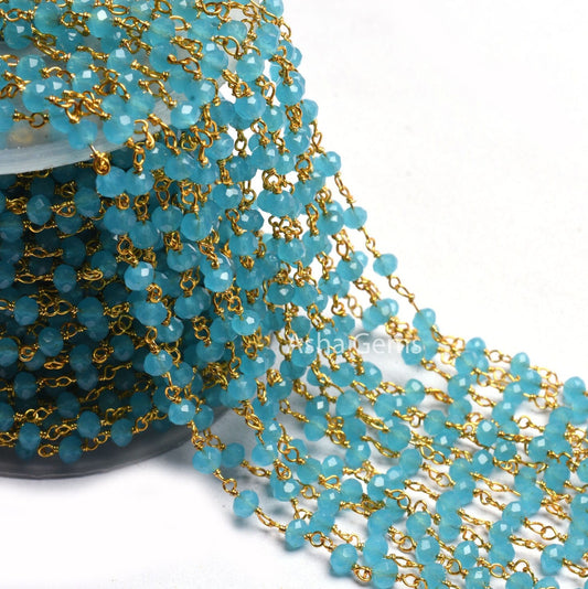 4 mm Blue Milky Chalcedony Hydro Beads Rosary Chain 1,3,5,10,25 Feet Gold Plated Wire Wrap Faceted Rondelle Beaded Rosary Chain Jewelry SALE