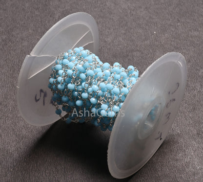 3,5,10,25 Ft, Blue Turquoise Hydro Faceted Rondelle Bead Rosary Chain Silver Plated Wire,Jewelry Making Finding,3-3.5 mm, Bulk Chain Rosary