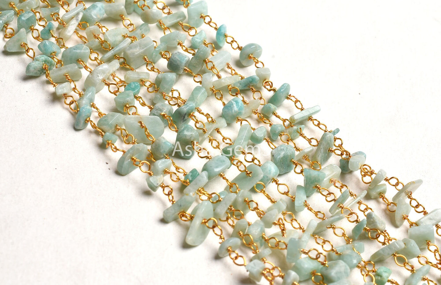 Natural Amazonite Uncut Chip Beads Rosary Chain By Foot Gold Plated Wire Wrap Nuggets Beaded handmade Chain Jewelry Necklace Making Crafts