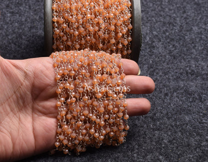 4 mm Peach Moonstone Hydro Faceted Rondelle Beads Rosary Chain By Foot Bulk Silver Plated Wire Wrapped Jewelry Necklace Making Crafts Chain