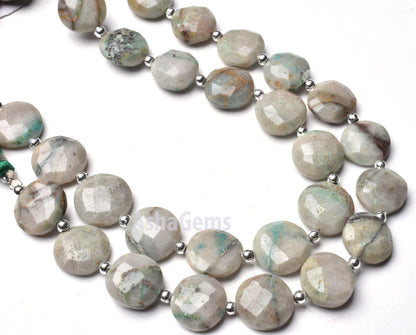 Beautiful Green Chrysocolla Faceted Coin Shape Beads,8" Strand Chrysocolla Briolette Gemstone Bead, Green Chrysocolla Coin Beads For Jewelry
