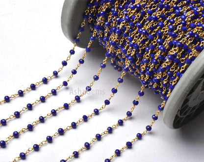 3,5,10,25 Feet Blue Lapis Hydro Rondelle Faceted Beads Rosary Chain Gold Plated Wire Wrap Jewelry Making Chain,3-3.5 mm Beaded Rosary Chains