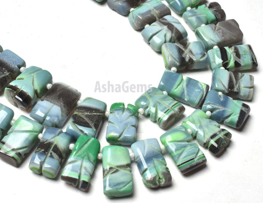 Rare Green Boulder Opal Fancy Rectangle Shape Carving Beads,8" Strand Green Opal Carve Beads, Boulder Opal Side Drill Carved Chiclet Beads