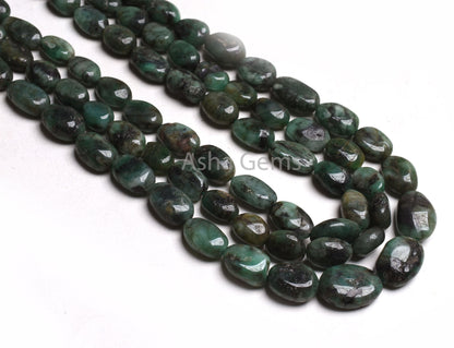 3 Strand Necklace Emerald Oval Smooth Beads, 7x10-12x17 mm Real Green Emerald Plain Handmade Uneven Oval Gemstone Bead Necklace Jewelry SALE