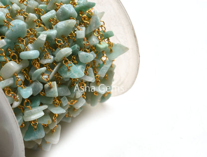 Natural Amazonite Uncut Chip Beads Rosary Chain By Foot Gold Plated Wire Wrap Nuggets Beaded handmade Chain Jewelry Necklace Making Crafts