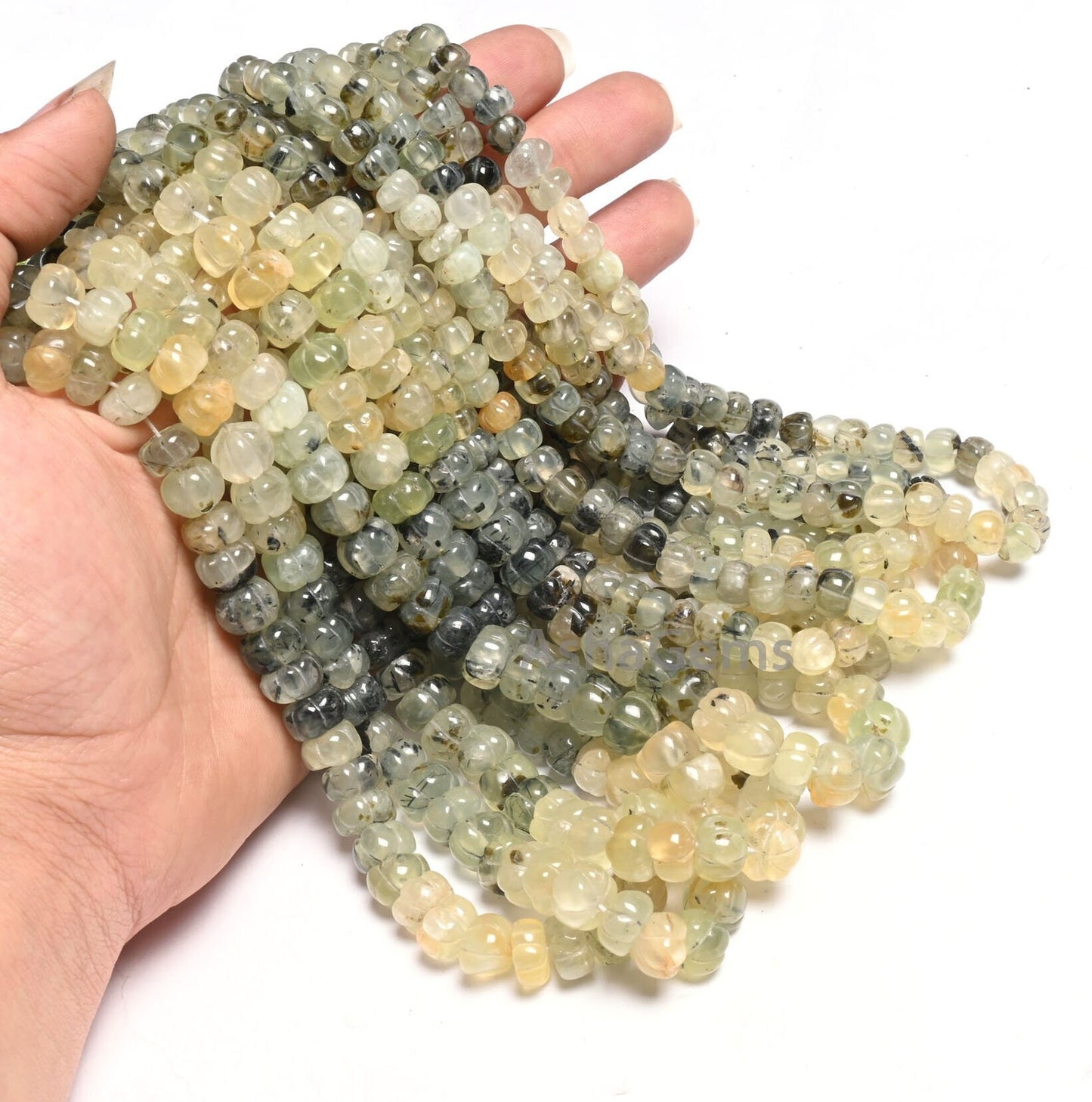 Shaded Moss Green Prehnite Carving Watermelon Beads, natural Moss Prehnite handmade Uneven Carve Pumpkin Gemstone Melon Beads Jewelry Crafts