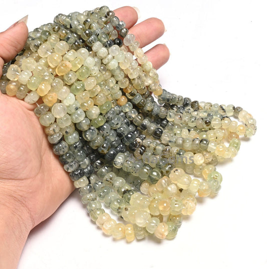 Shaded Moss Green Prehnite Carving Watermelon Beads, natural Moss Prehnite handmade Uneven Carve Pumpkin Gemstone Melon Beads Jewelry Crafts