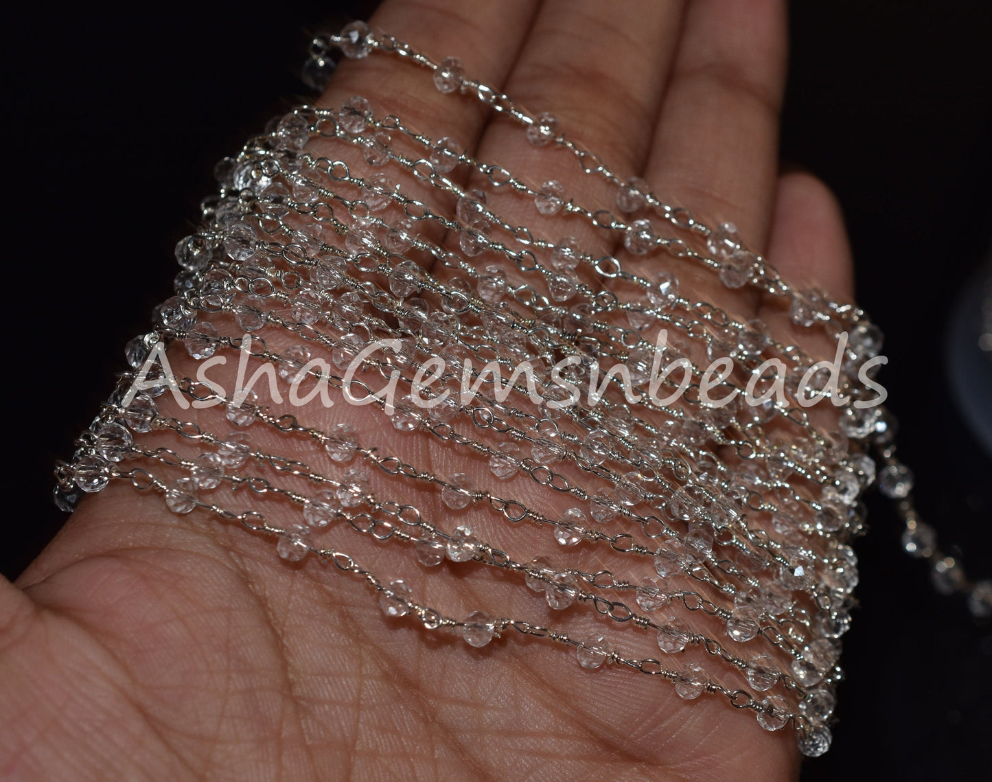 3,5,10,25 Feet,Crystal Quartz Hydro Rondelle Faceted Beads Rosary Chain,Silver Plated Wire,Jewelry Making Craft,Finding,3-3.5mm,Beaded Chain