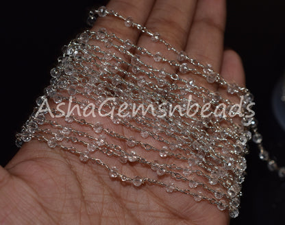 3,5,10,25 Feet,Crystal Quartz Hydro Rondelle Faceted Beads Rosary Chain,Silver Plated Wire,Jewelry Making Craft,Finding,3-3.5mm,Beaded Chain