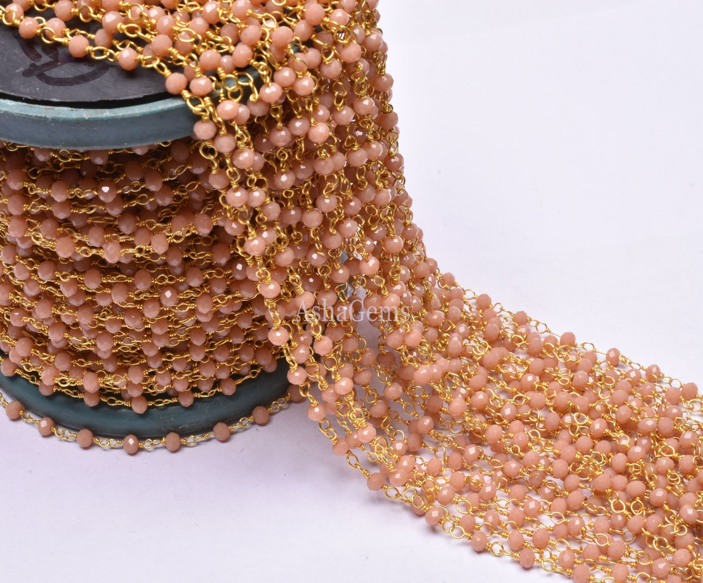 AAA Peach Moonstone Hydro Faceted Rondelle Beads Rosary Chain Gold Plated Wire Wrap Beaded handmade Chain Rosary Jewelry making Necklace 3mm