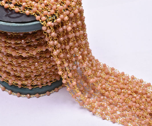 AAA Peach Moonstone Hydro Faceted Rondelle Beads Rosary Chain Gold Plated Wire Wrap Beaded handmade Chain Rosary Jewelry making Necklace 3mm