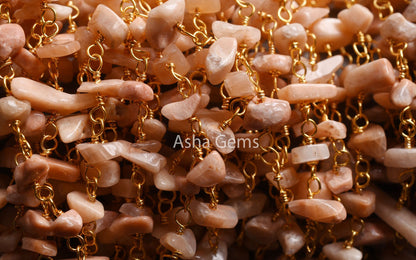 Natural Peach Moonstone Uncut Chip Beads Rosary Chain By Foot, Gold Plated Wire Wrap Moonstone Raw Rough Gemstone Beads Chain Jewelry making