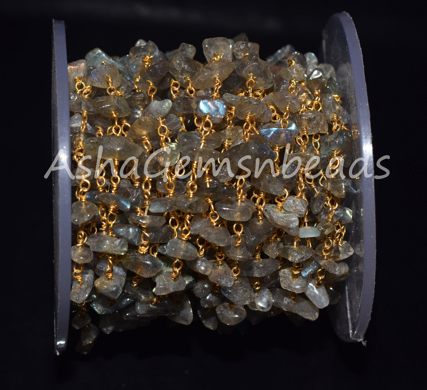 Natural Labradorite Uncut Chips Beads Rosary Chain, Gold Plated Wire Wrap Black Rainbow Nugget Beaded Chain Jewelry making Necklace Crafts
