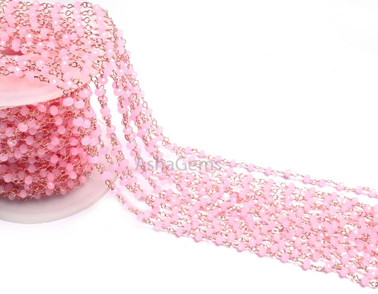 Beautiful Pink Rose Quartz Hydro Faceted Rondelle Beads Chain Bulk Roll Rosary Chain Rose Gold Plated Copper Wire Wrapped Chain Jewelry SALE