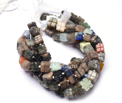 Beautiful Multi Color Gemstone Carved Box Shape Beads,9-10 mm, Disco Cube Box Carving Beads, Mix Color Carve 3D Cube Box Bead Jewelry Making