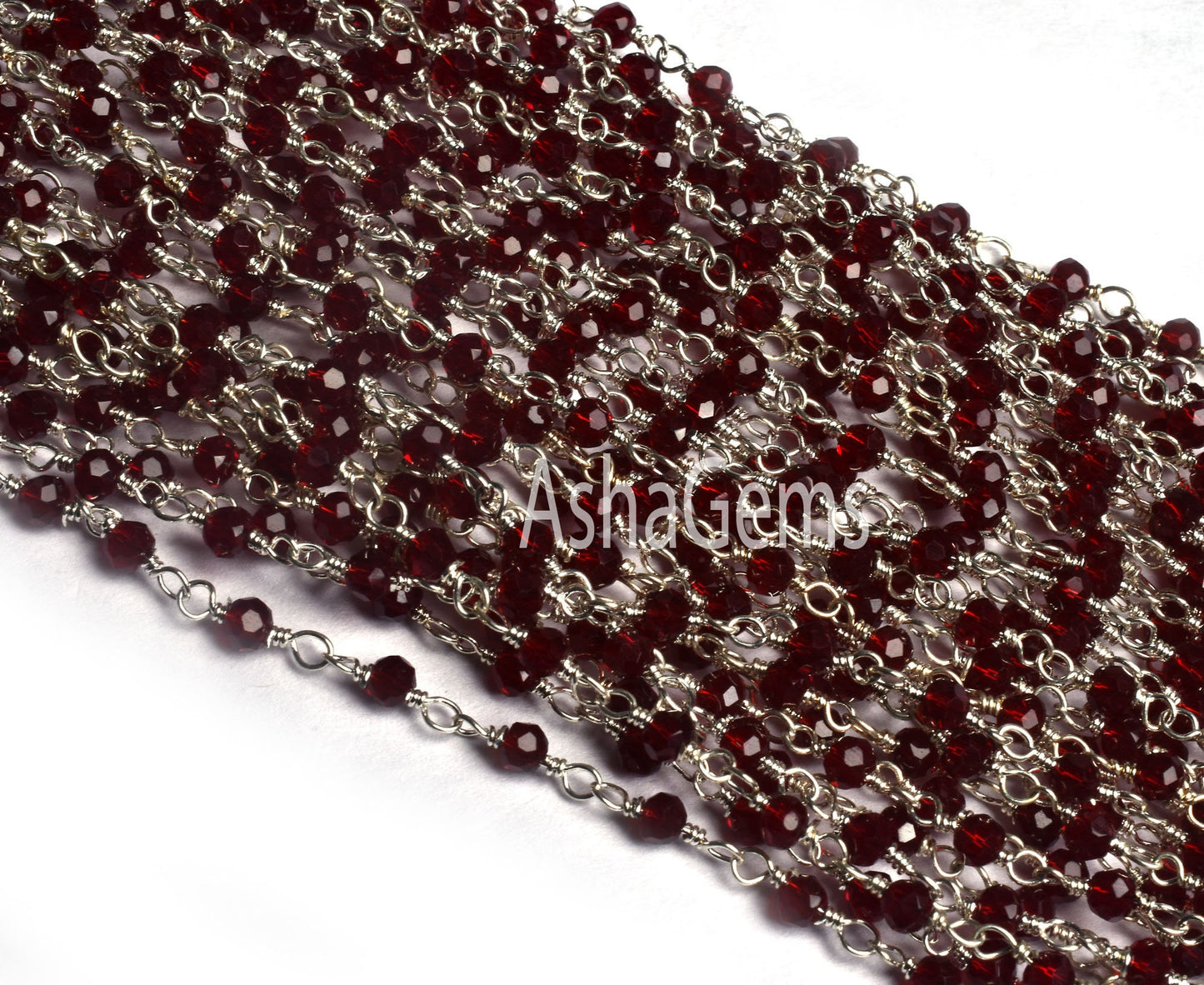 SALE 3,5,10,25 Feet Red Stone Hydro Faceted Rondelle Beaded Rosary Chain Silver Plated Wire,Red Stone Jewelry Making Finding, Chain 3mm