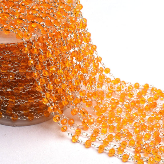 4 mm AAA Orange Fanta Hydro Faceted Beads Rosary Chain By feet Silver Plated Wire Wrap Rondelle Chain Handmade Jewelry Making Necklace Craft