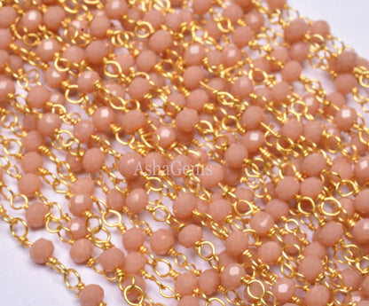 AAA Peach Moonstone Hydro Faceted Rondelle Beads Rosary Chain Gold Plated Wire Wrap Beaded handmade Chain Rosary Jewelry making Necklace 3mm