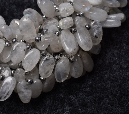 White Moonstone Smooth Uneven Oval Shape Gemstone Beads, 7" Strand Natural Fire Rainbow Moss Moonstone Beads, Side Drill Oval Plain Beads