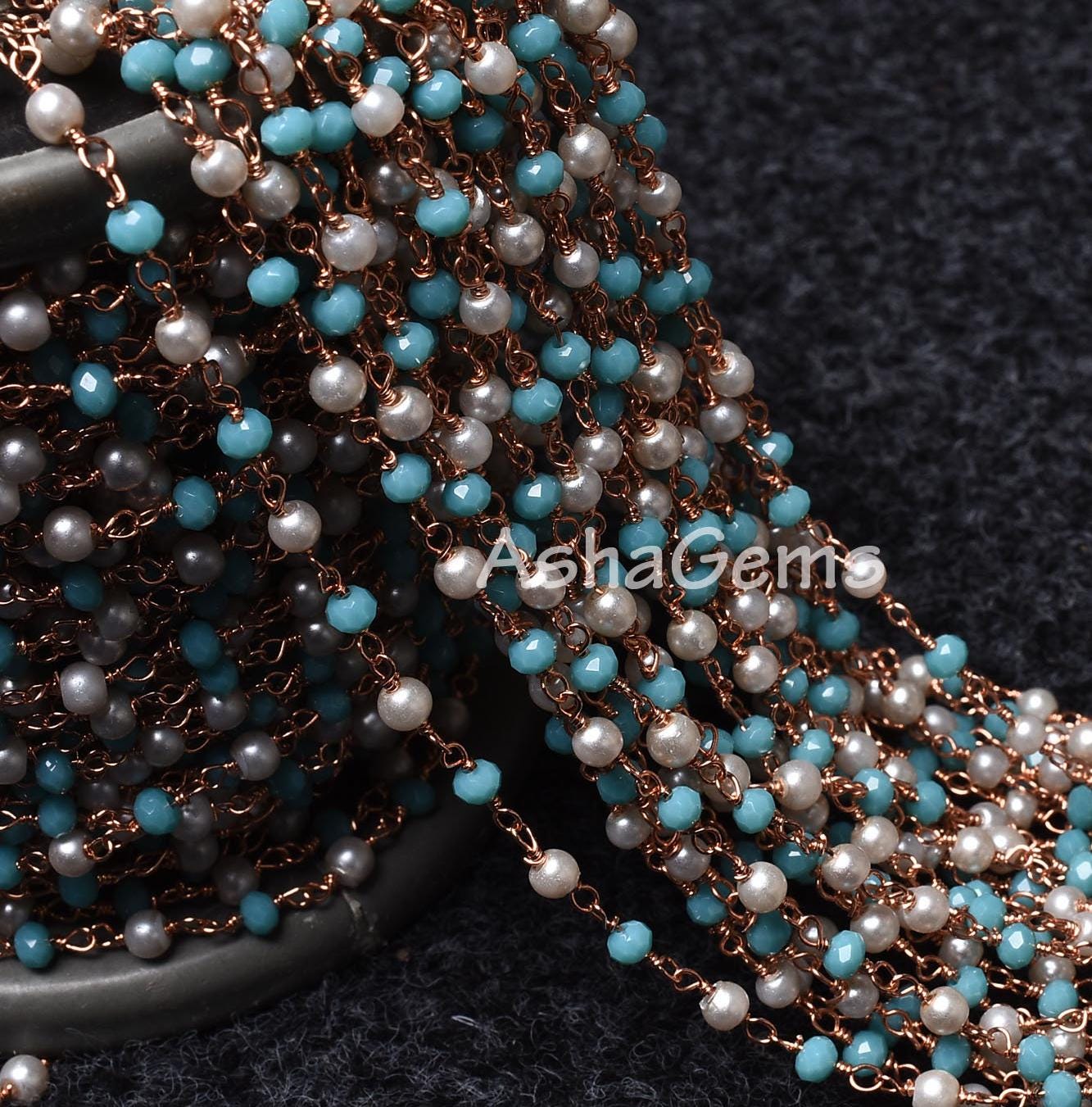 Beautiful Pearl, Blue Turquoise Hydro Rondelle Beads Rosary Chain Multi Color Beaded Rose Gold Plated Wire Roll Chain Jewelry Making Crafts