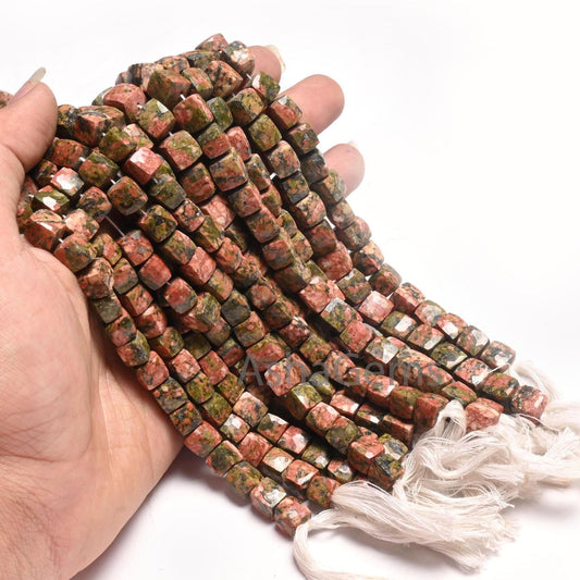 Fine Unakite Faceted 3D Cube Box Gemstone Loose Beads,8" Natural Shaded Green Pink Unakite Indian Cut Box epidote Beads Jewelry Making Craft