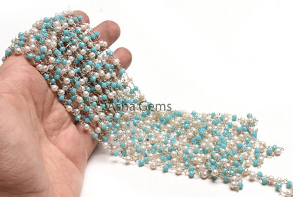 1,5,10,50 Feet Rosary Chain White Pearl, Blue Turquoise Hydro Beads Chain Silver Plated Wire Wrap Multi Color Beaded Chain For Necklace SALE