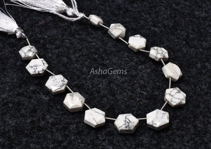 13 Piece strand  Howlite Faceted Hexagon Shape Gemstone beads, White Howlite Fancy 6 Corner Beads, Howlite Bead Briolette For Jewelry Making