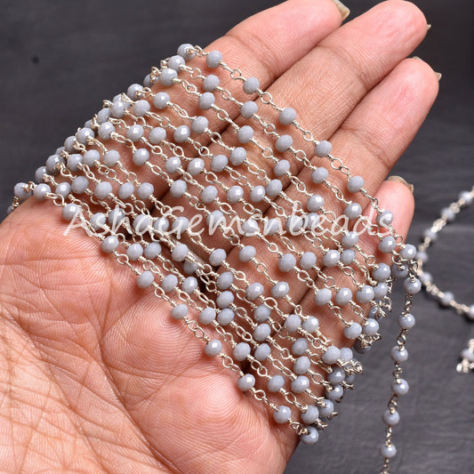 Grey Moonstone Hydro Rondelle Faceted Beads Rosary Chain Silver Plated Wire Wrap Jewelry Making Chains 3-3.5mm Bulk Roll Chain Necklace SALE