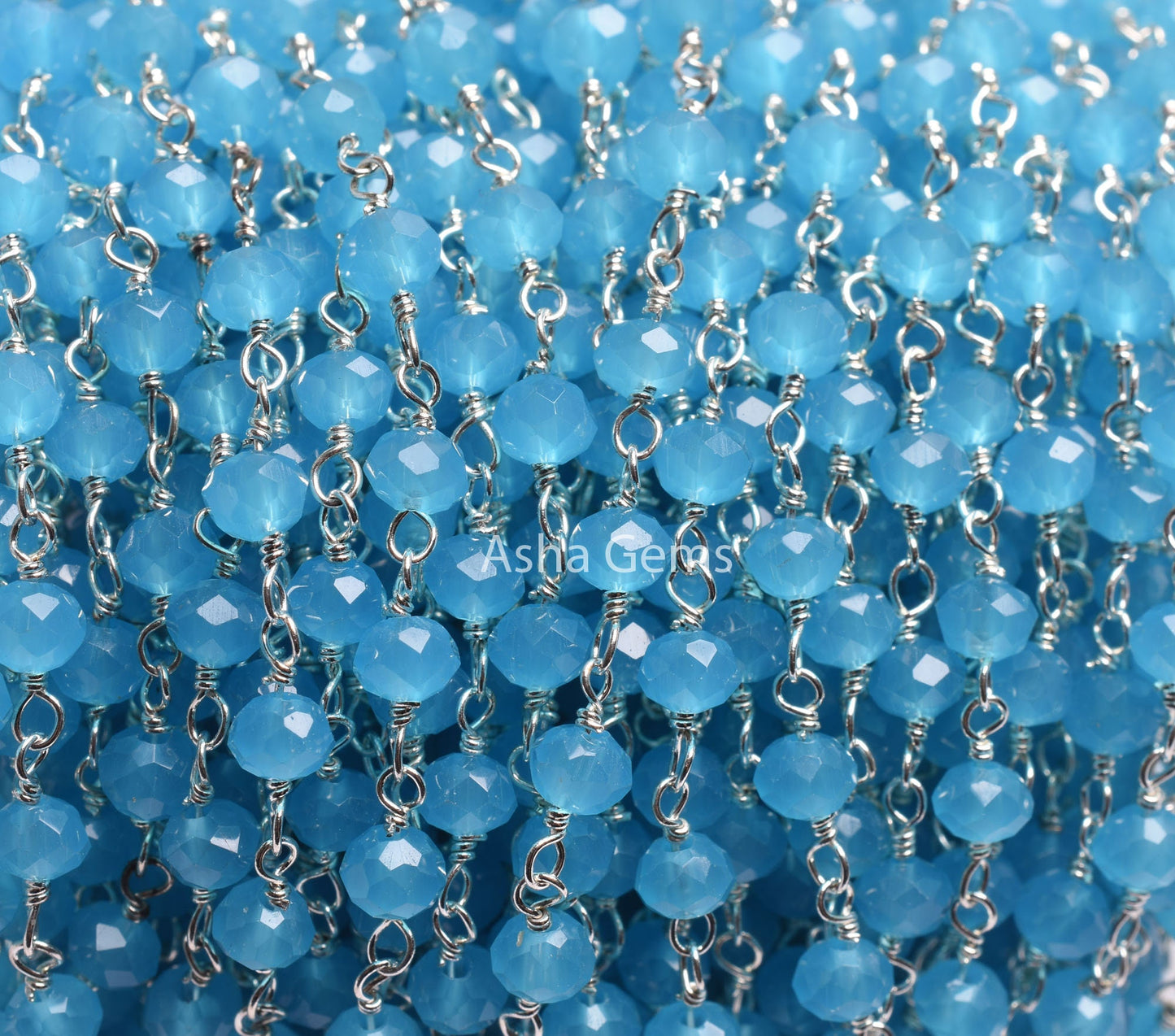 AAA Blue Milky Chalcedony Hydro Beads Rosary Chain by feet,4 mm Silver Plated Wire Wrap Micro Cut Rondelle Faceted Bead Chain Rosary Jewelry