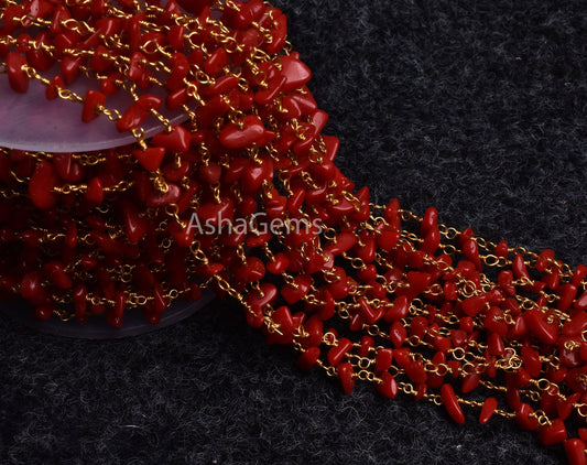 1,3,5,10,25 Foot Beautiful Red Stone Uncut Chip Beads Rosary Chain, Gold Plated Wire Wrap Tiny Nugget Gemstone Beaded Chain Necklace Jewelry
