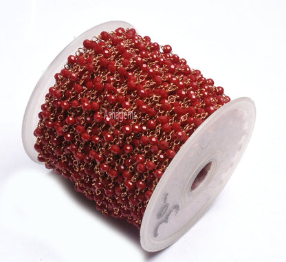 1,3,5,10,25 Feet Red onyx Hydro Faceted Rondelle Beaded Rosary Chain Rose Gold Plated, Finding,Wire Wrapped Chain Jewelry Making DIY Chain