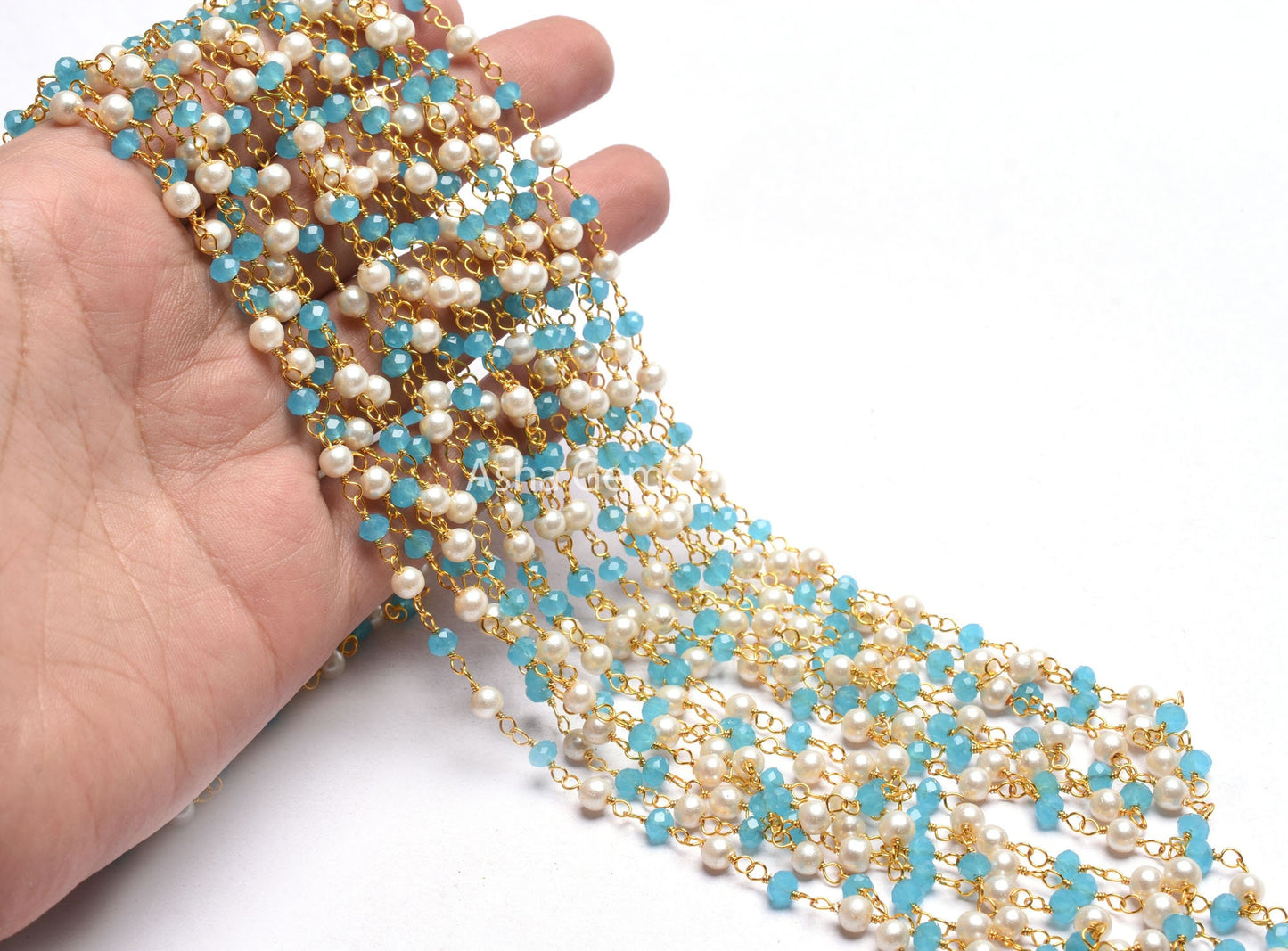 Beautiful Pearl, Blue Chalcedony Hydro Beads Rosary Chain,4 mm Multi Color Rondelle Gold Plated Wire Wrap Bulk Handmade Chain Jewelry Making