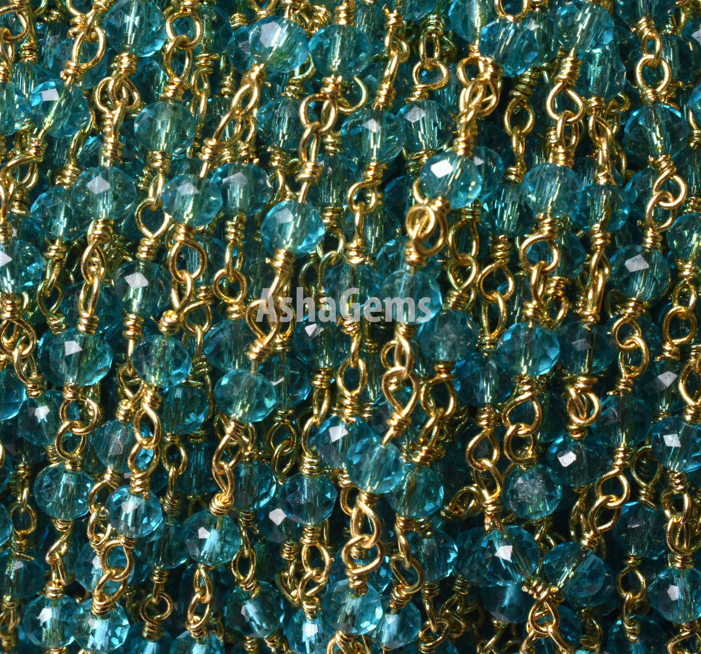 SALE 3,5,10,25 Feet Blue Topaz Hydro Faceted Rondelle Beaded Rosary Chain Gold Plated Wire,Jewelry Making Finding,Wire Wrapped Chain 3-3.5mm