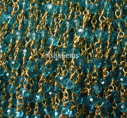 SALE 3,5,10,25 Feet Blue Topaz Hydro Faceted Rondelle Beaded Rosary Chain Gold Plated Wire,Jewelry Making Finding,Wire Wrapped Chain 3-3.5mm